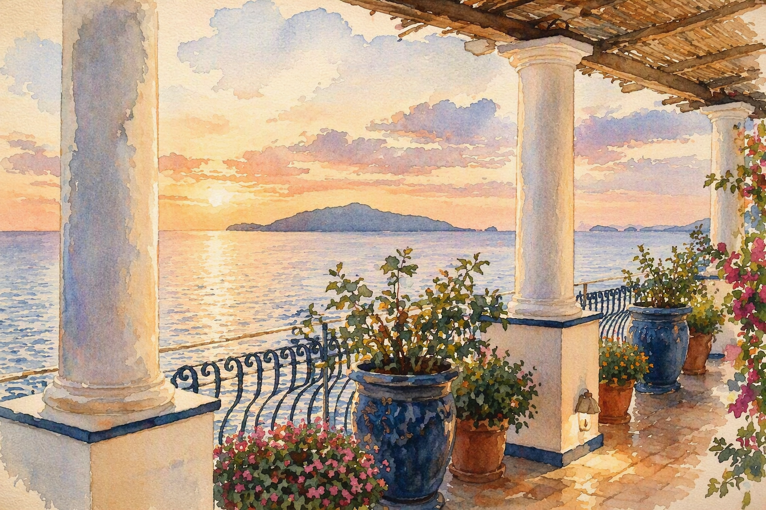 Illustrazione ad acquerello di una terrazza caprese al tramonto