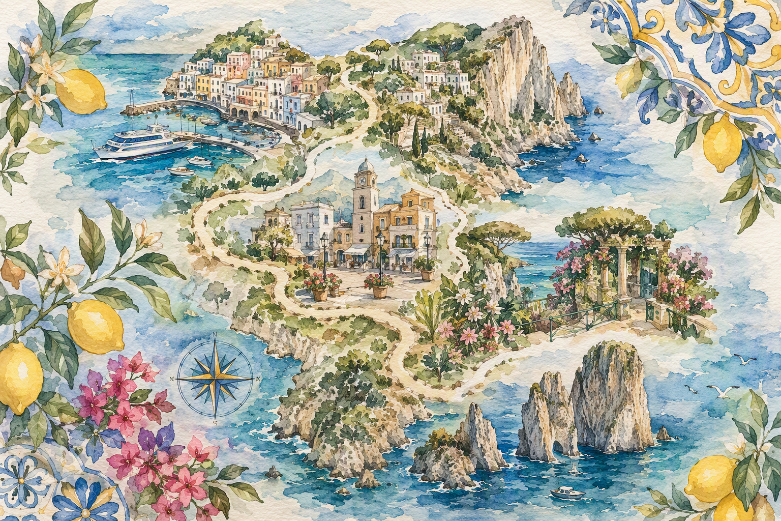 Mappa artistica di Capri ad acquerello